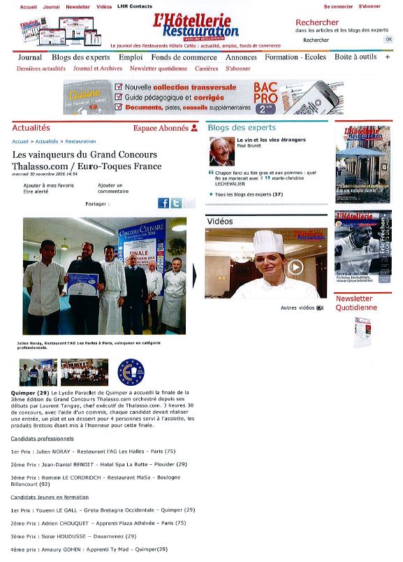 Les vainqueurs du Grand Concours Thalasso.com / Euro-Toques France