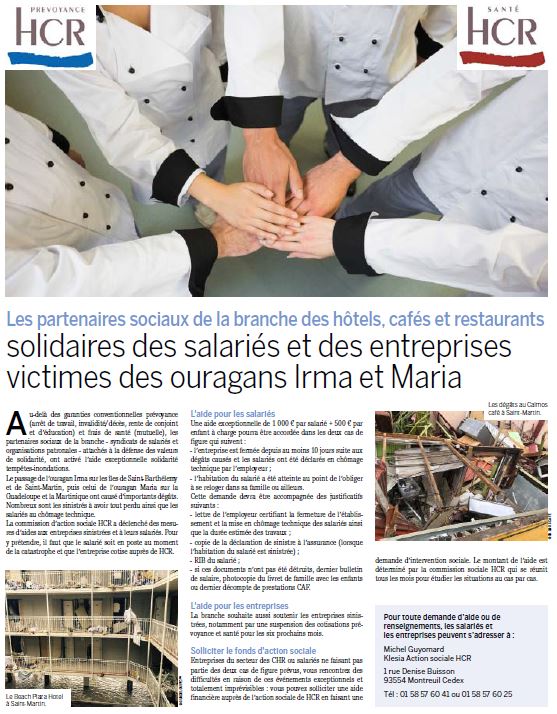 HCR solidaires des salariés et des entreprises victimes des ouragans Irma et Maria