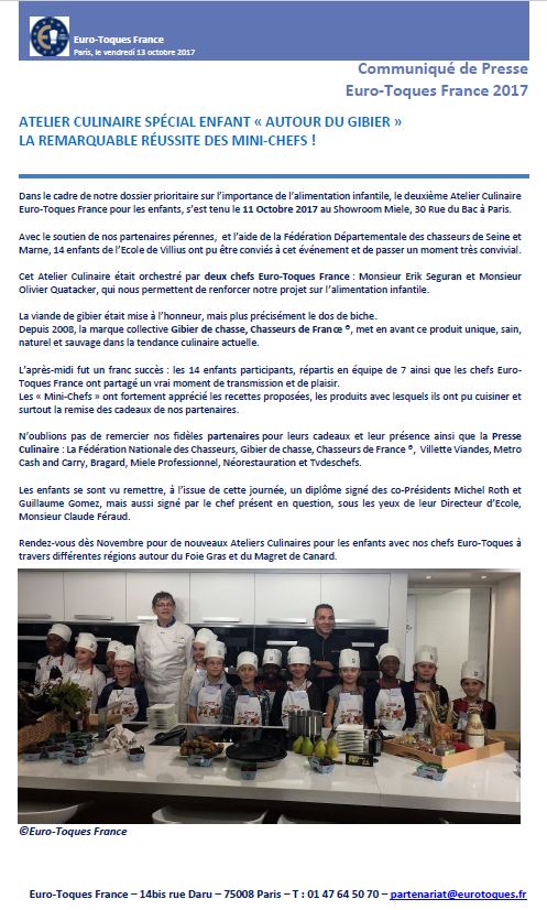 Atelier Culinaire spéciale Enfants « Autour du Gibier »