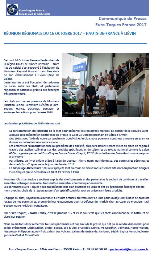 Réunion Régionale Hauts de France à Liévin le 16 octobre 2017