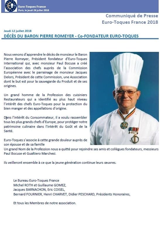 Décès du Baron Pierre Romeyer – co-Fondateur Euro-Toques