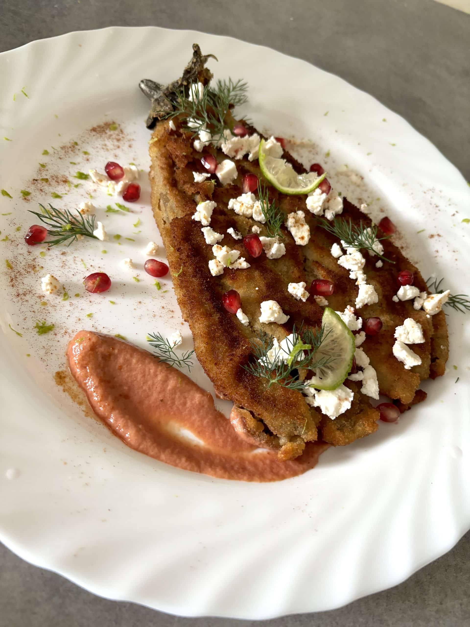 Aubergine panée, ketchup de rhubarbe